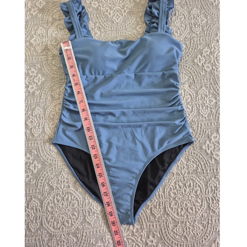 AIMAGE Blue Ruched One Piece Swimsuit Ruffle Strap Tummy Control Size Small - Picture 3 of 8